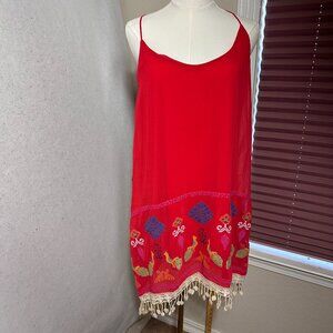 VaVa By Joy Han dress sz L sleeveless spaghetti strap embroidered Llama Red mini